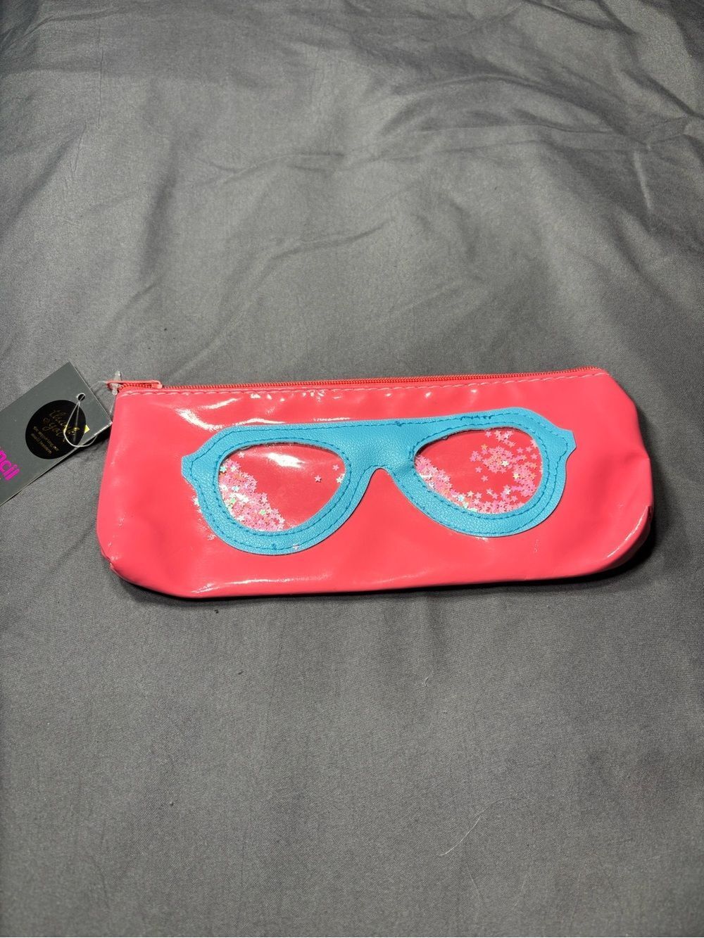 New Pink Patent Sunglasses Pouch with Blue Applique